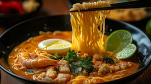 Healthy Thai curry noodle soup with prawns, vegetables, and herbs in a white bowl