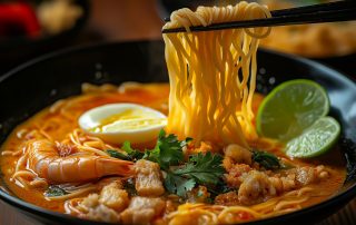 Healthy Thai Recipe : curry noodle soup with prawns, vegetables, and herbs in a white bowl