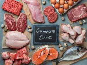 High-protein carnivore diet foods including beef, chicken, fish, eggs, and more, illustrating principles of a meat-based, low-carb weight loss and nutritional approach.