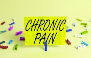 Chronic pain sign with colorful clothespins and yellow background, emphasizing awareness and management of chronic pain conditions.