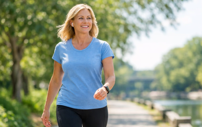 Midlife woman walking outdoors on a sunny path, representing gentle post-meal movement to support blood sugar balance, energy, and metabolic health.