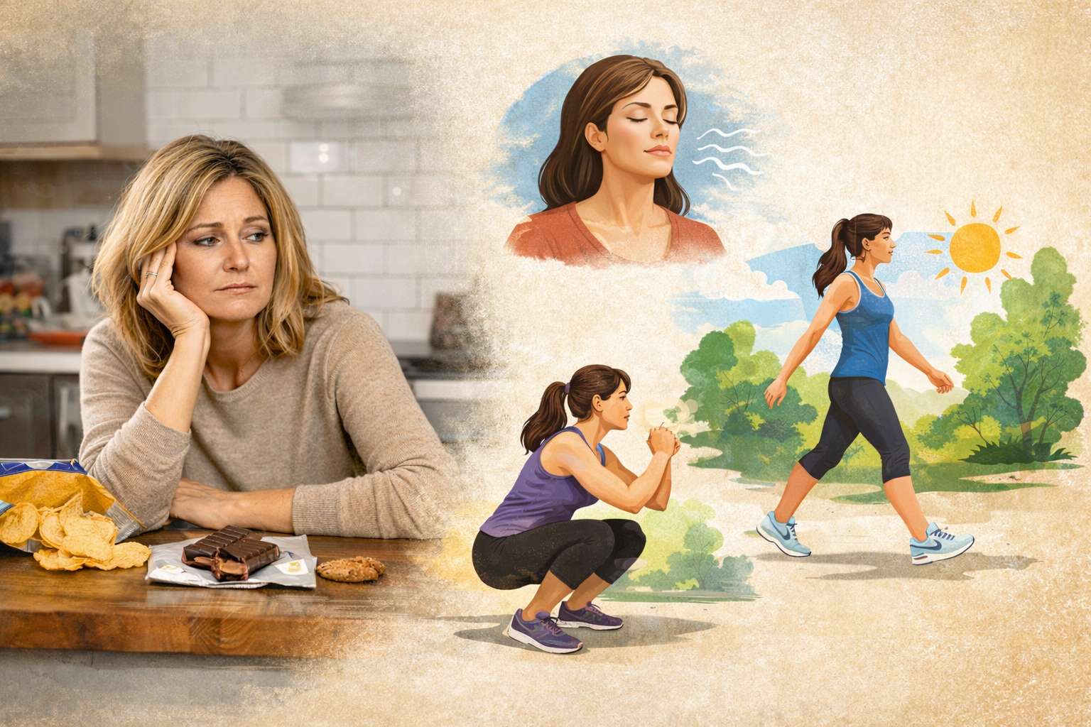 Woman practicing deep breathing outdoors to reduce stress and support metabolic health