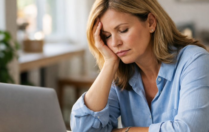 Midlife woman feeling tired at a table representing energy crash from blood sugar imbalance