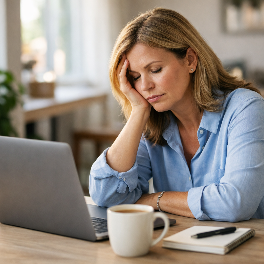 Midlife woman feeling tired at a table representing energy crash from blood sugar imbalance