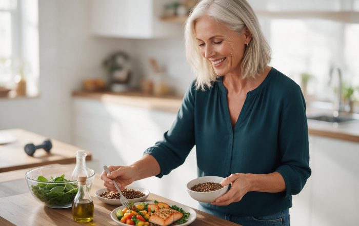 woman preparing a protein-rich meal with salmon, vegetables, and lentils.