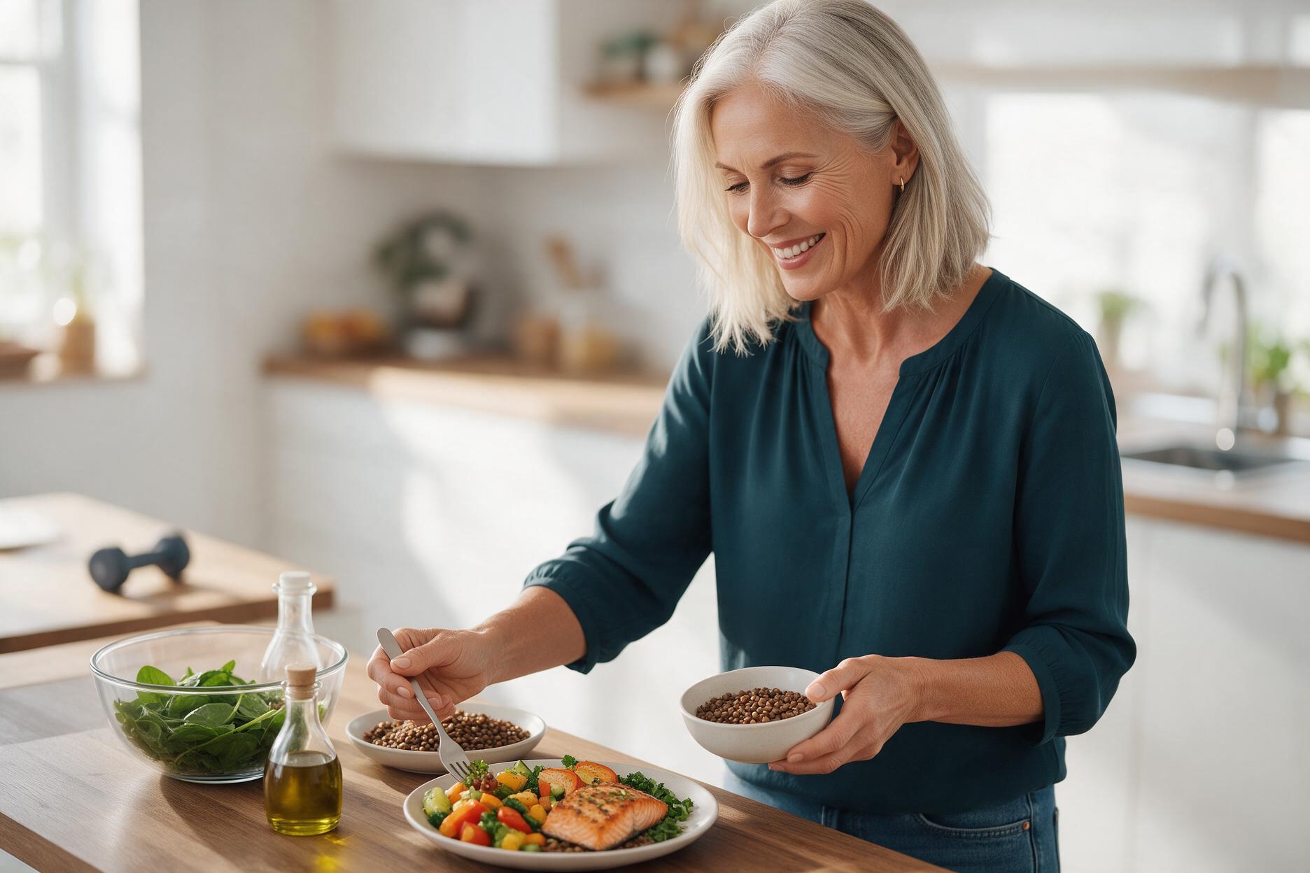 woman preparing a protein-rich meal with salmon, vegetables, and lentils.